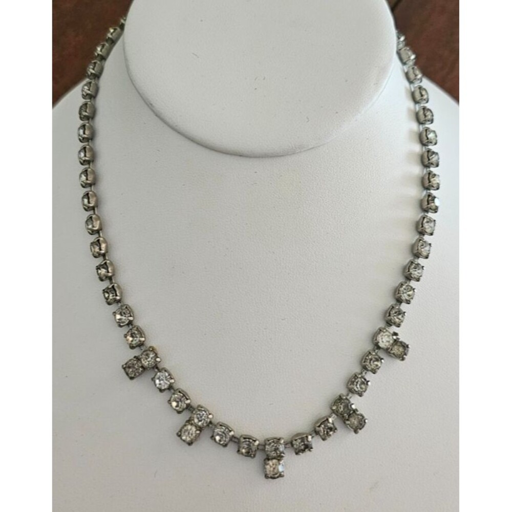 Vintage Silver Tone Clear Crystal Rhinestone 15.5"L Tennis Choker Necklace